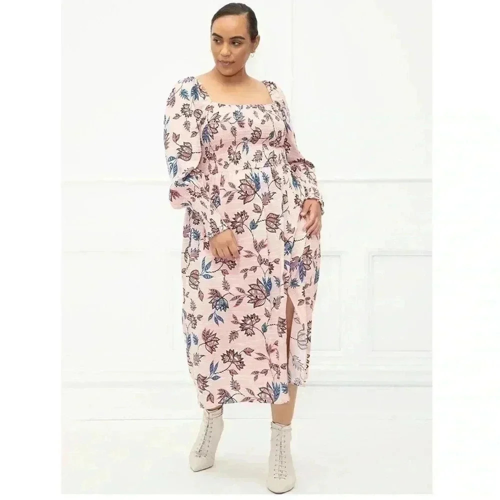 Eloquii Elements Pink Floral Dress Sz 18-20 (2X) Midi Smocked Cottagecore - Picture 1 of 10